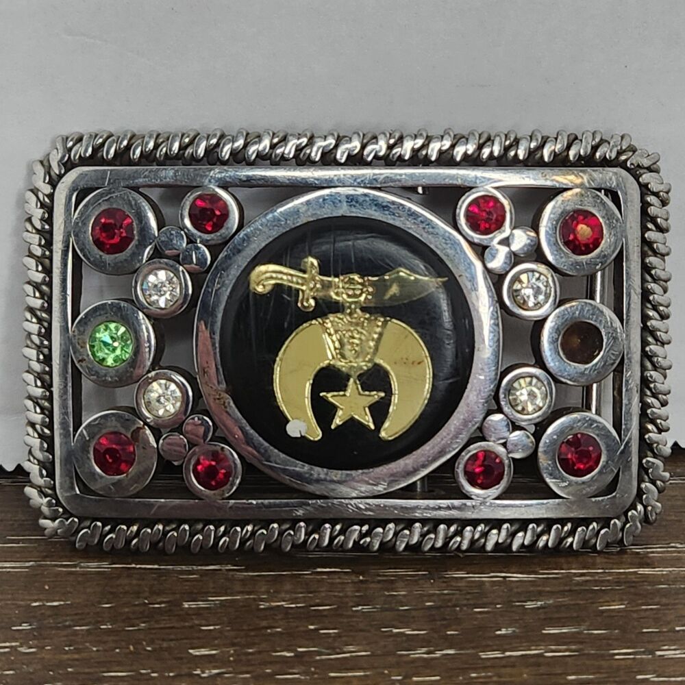 Vintage Rhinestone Black Enamel Inlay Shriners Masonic Silver Tone Belt Buckle